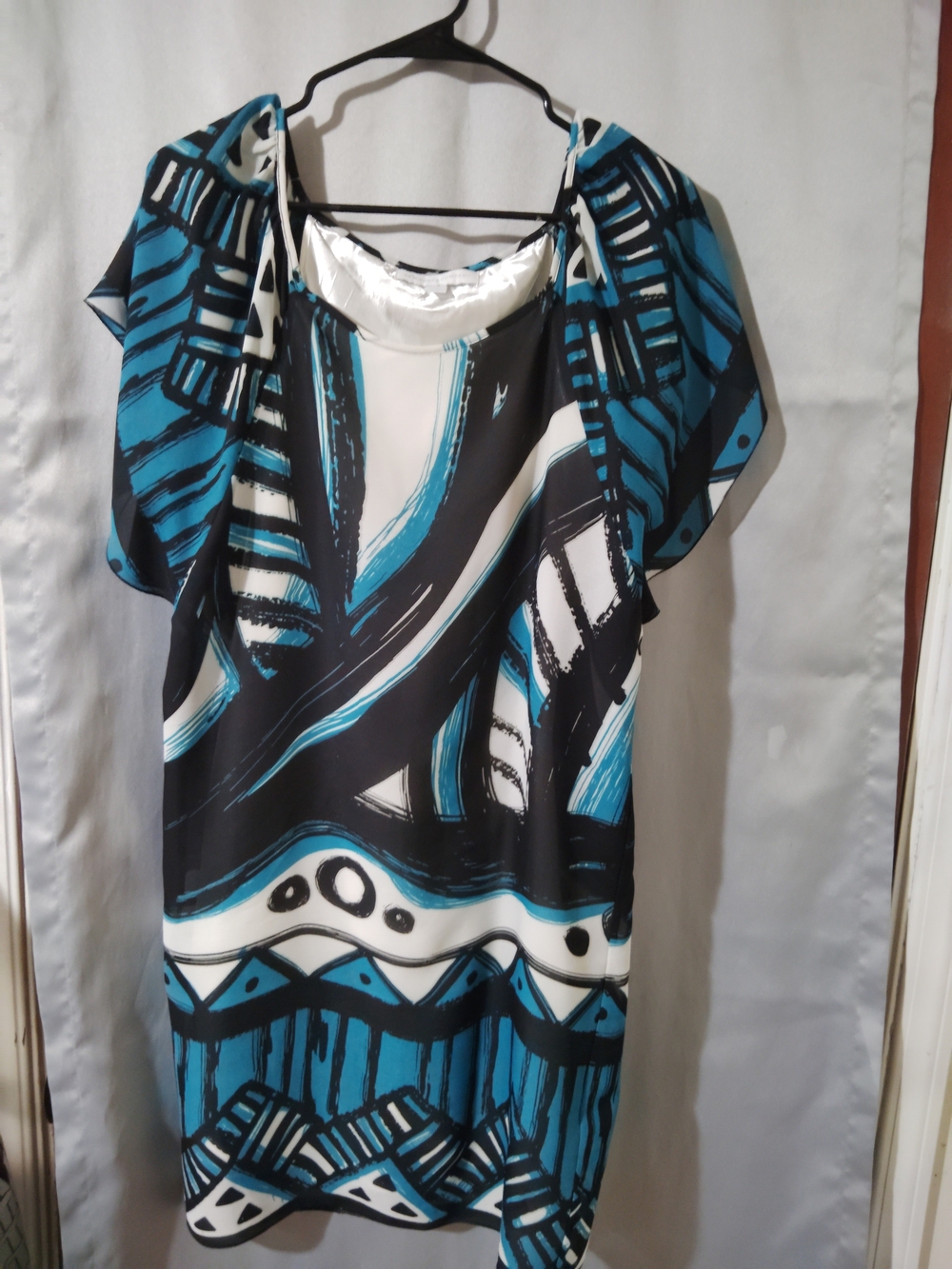 New York & Company Teal, Black and White Abstract Print Dress
